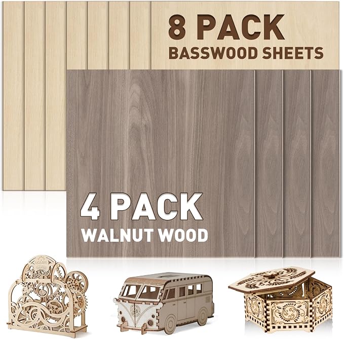 12 Pack 3mm Plywood Sheets Set for Crafts, Contains 4 Pack Walnut and 8 Pack by ESRICH