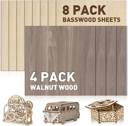 12 Pack 3mm Plywood Sheets Set for Crafts, Contains 4 Pack Walnut and 8 Pack by ESRICH