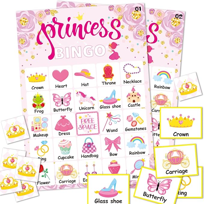 Pink Princess Bingo Game 24 Players Bingo Games Cards by Omlisca