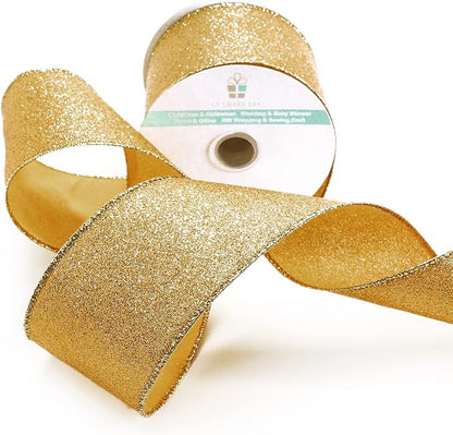 CT CRAFT LLC Glitter Wired Ribbon 2.5" x 10 Yards Yellow Gold - Image 3