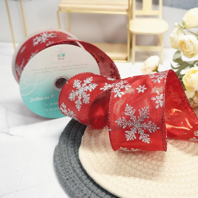 CT CRAFT LLC Red Metallic with Silver Glitter Snowflake Wired Ribbon 2.5 Inch x - Image 4