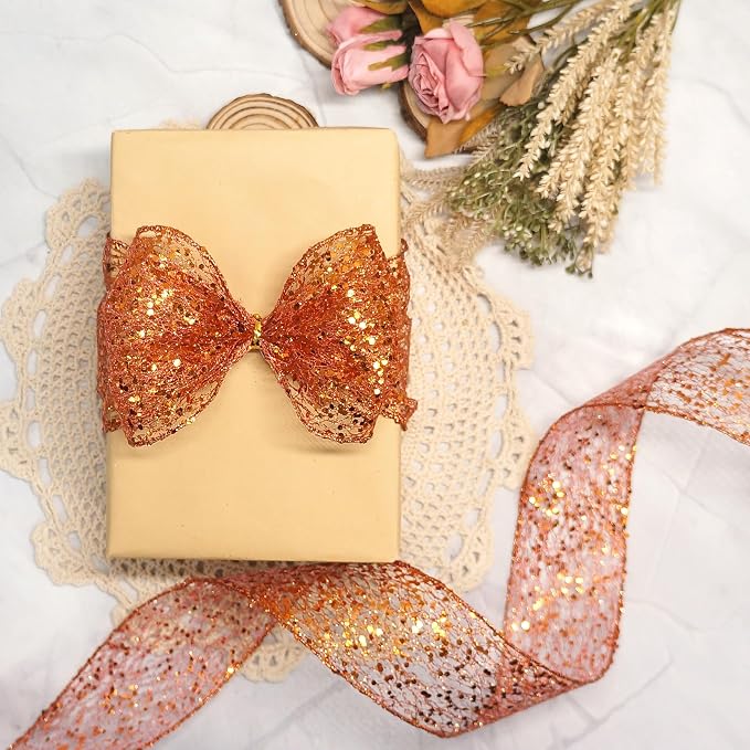 CT CRAFT LLC Sparkling Glitter Mesh Wired Ribbon 4" x 10 Yards Bronze Orange - Image 5