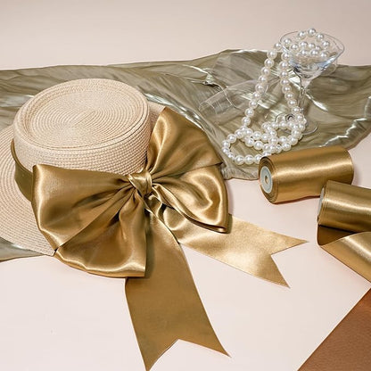 LaRibbons Pale Gold Satin Ribbon 4 Inch 10 Yards Double Faced Luxury Pale Gold - Image 2