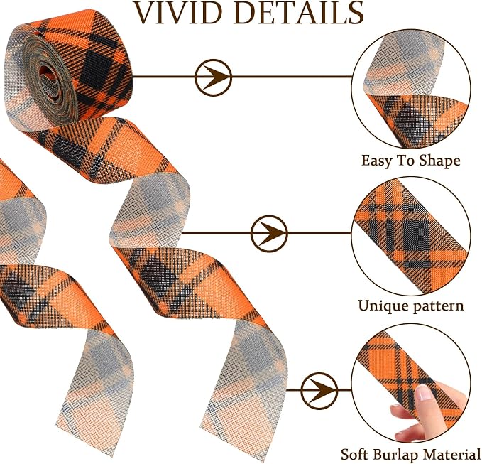 10 Rolls 50 Yard Halloween Plaid Burlap Ribbon Rolls 1 Inch Gift Wrapping - Image 3