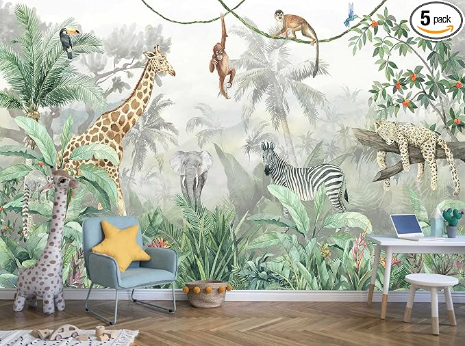 Kids Wallpaper Tropical Leves and Safari Animals Wall Mural by Reyhui