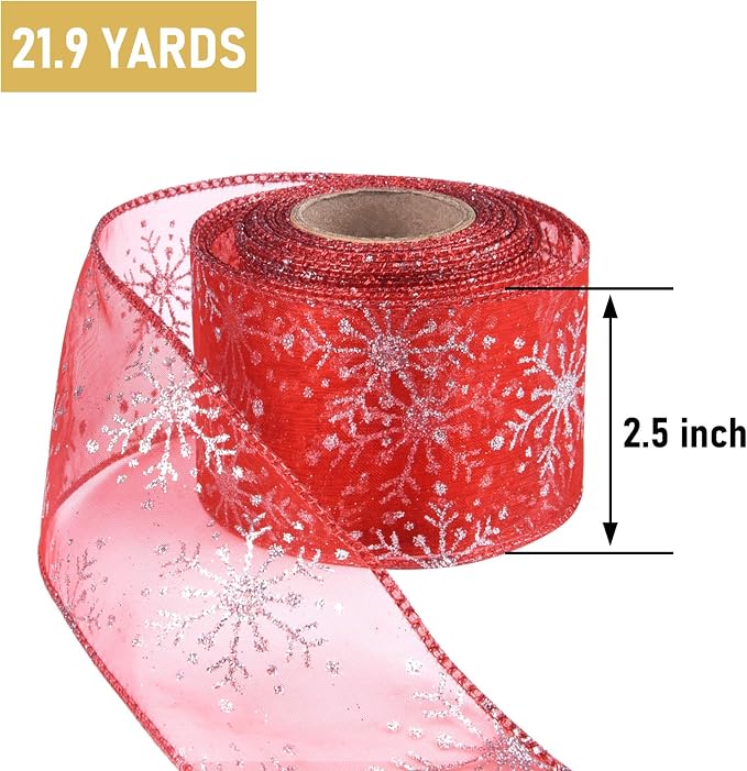 2.5 Inch Wide Christmas Wired Ribbon Snowflake Organza Sheer Glitter Ribbon - Image 2