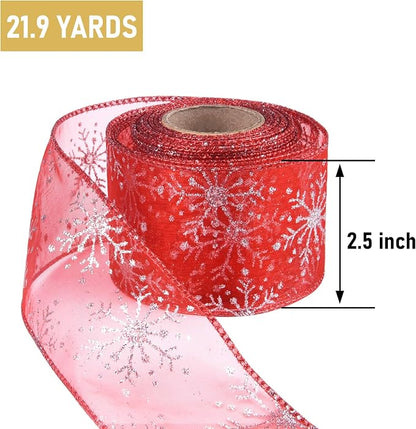 2.5 Inch Wide Christmas Wired Ribbon Snowflake Organza Sheer Glitter Ribbon - Image 2