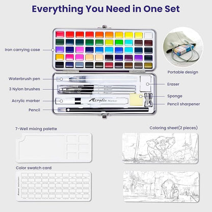 Watercolor Paint Set, 50 Colors, 4 Brushes, 3 Swatch Cards, Acrylic Marker Pen - Image 2