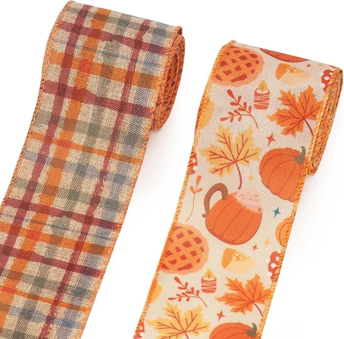 2 Rolls Fall Pumpkins Ribbons for Bows, Thanksgiving Wired Edge Ribbon Autumn by Estivaux