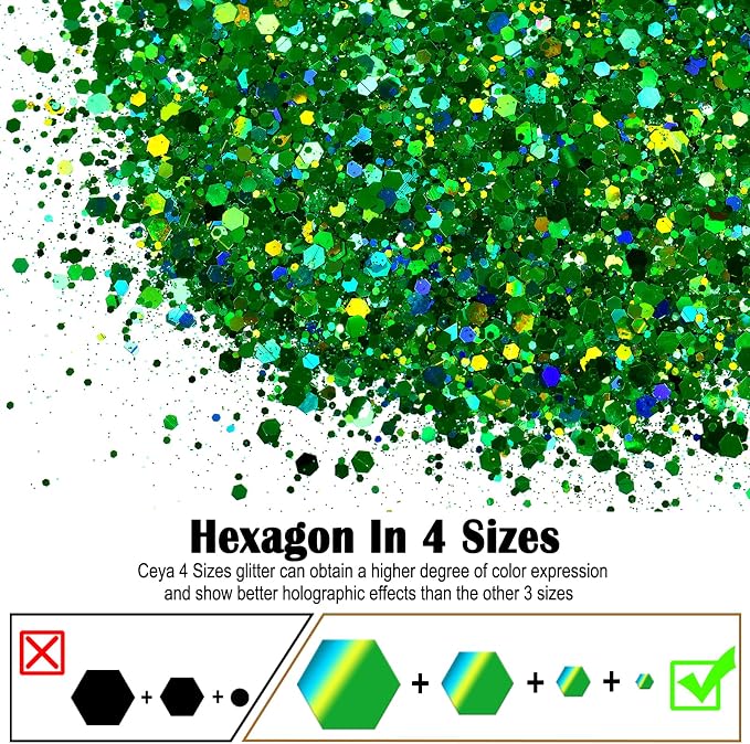 Ceya Holographic Chunky Glitter, 4.9oz/ 140g Green Craft Glitter Powder Mixed - Image 2