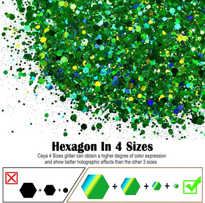 Ceya Holographic Chunky Glitter, 4.9oz/ 140g Green Craft Glitter Powder Mixed - Image 2
