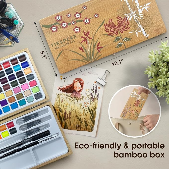 Watercolor Paint Set, 100 Colors in Nature Bamboo Box, Portable Water Colors Kit - Image 2