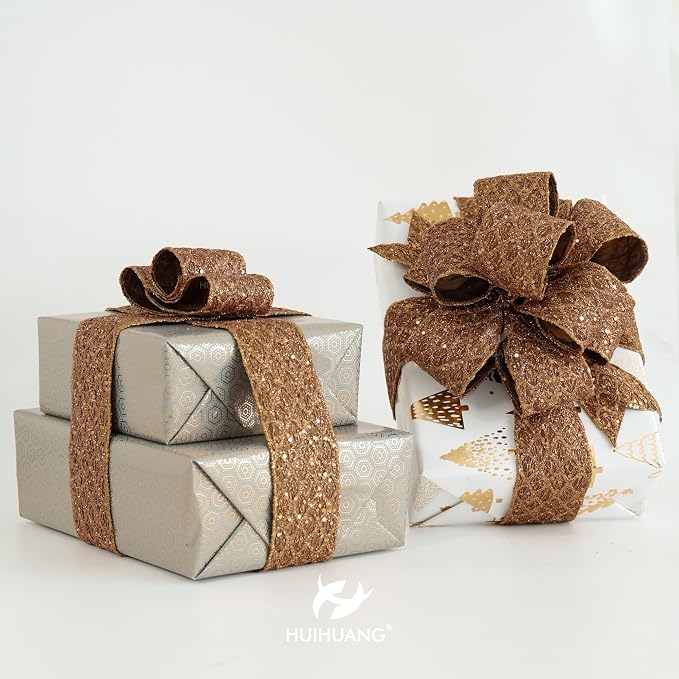 HUIHUANG Glitter Copper Wired Ribbon 2.5 inch Copper Diamond Mesh Wire Edge - Image 5