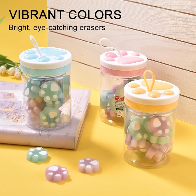 HILAZA 54Pcs Cat Paw Erasers for Kids, Fluorescent erasers, Kawaii Jelly Pencil - Image 4