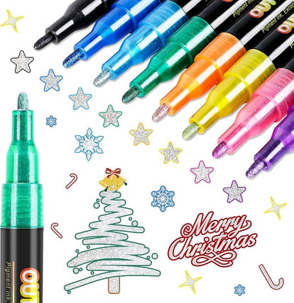 FUMILE 8 Colors Double Line Outline Markers, Glitter Marker by FUMILE