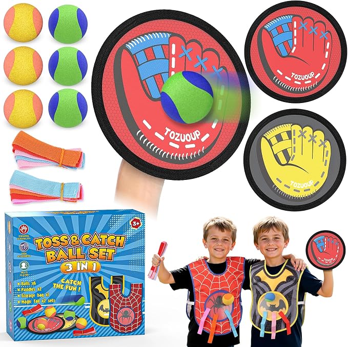 3-in-1 Toss and Catch Ball Game Set, Kids Toddler Baseball Glove, Beach Games by Tozuoup