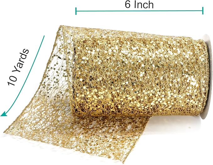 CT CRAFT LLC Sparkling Glitter Mesh Wired Ribbon 6" x 10 Yards Gold - Image 2