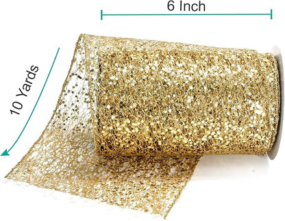 CT CRAFT LLC Sparkling Glitter Mesh Wired Ribbon 6" x 10 Yards Gold - Image 2