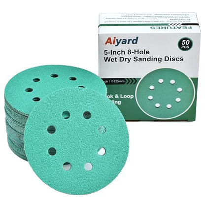 5-Inch 8-Hole Wet Dry Sanding Discs 60 Grit, Polyester Film Backed Heavy-Duty by Aiyard
