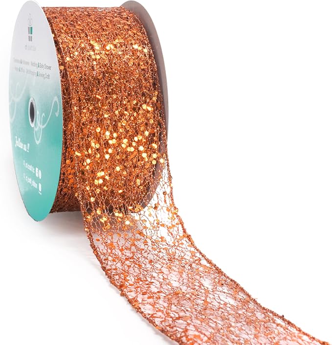 CT CRAFT LLC Sparkling Glitter Mesh Wired Ribbon 2.5" x 20 Yards Bronze Orange by CTCRAFTLLC