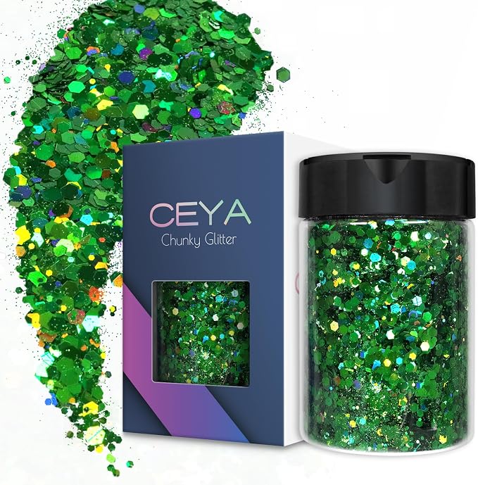 Ceya Holographic Chunky Glitter, 4.9oz/ 140g Green Craft Glitter Powder Mixed by CEYA