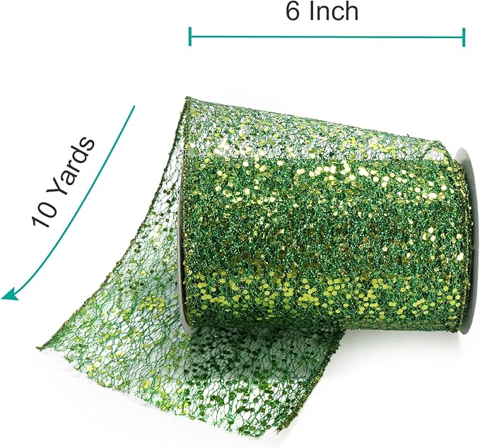CT CRAFT LLC Sparkling Glitter Mesh Wired Ribbon 6" x 10 Yards Green - Image 2