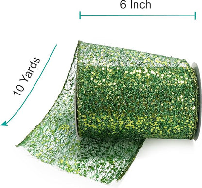 CT CRAFT LLC Sparkling Glitter Mesh Wired Ribbon 6" x 10 Yards Green - Image 2