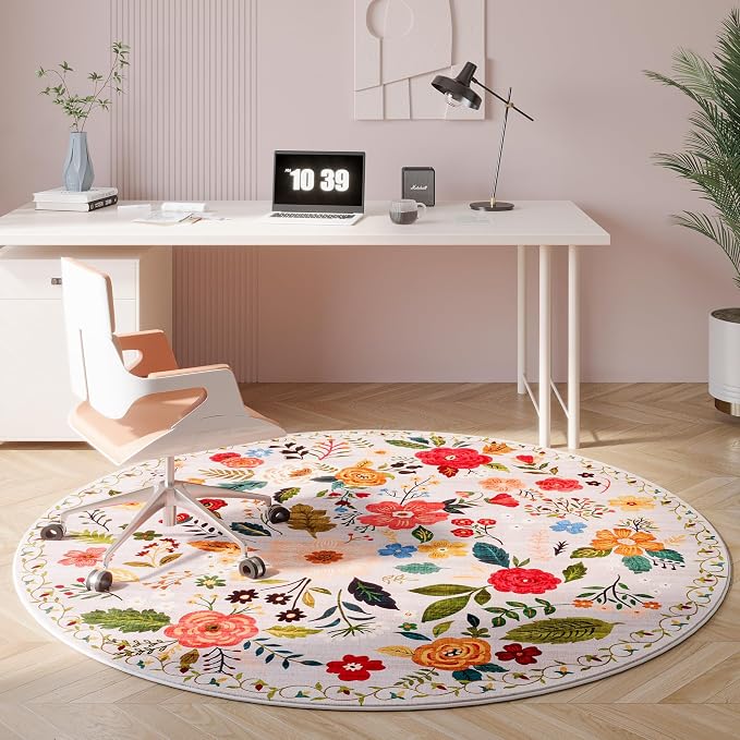 Rugcomf Round Rug 4ft Washable Circle Rug Non Slip Low Pile Boho Floral Small - Image 5