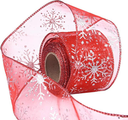 2.5 Inch Wide Christmas Wired Ribbon Snowflake Organza Sheer Glitter Ribbon by Livder