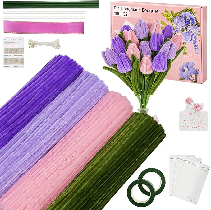 400 Pcs Chenille Stems Flowers Craft Kit, 4 Colors Soft Pipe Cleaners Bulk by upcheirna