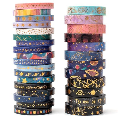 YUBX Skinny Galaxy Washi Tape Set 30 Rolls Gold Foil Decorative Starry Space by EveryCreatorhashisYUBX