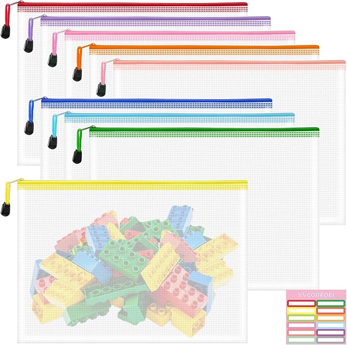 9pcs A4 Mesh Zipper Pouch Bags, 9 Colors, PVC Material, Transparent, Zip Closure by VVCOIIROEI