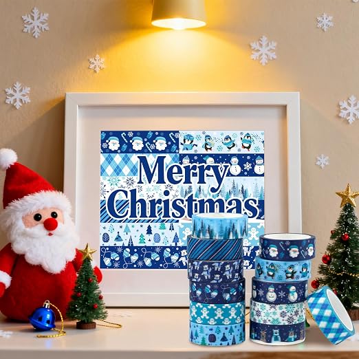 12 Rolls Winter Washi Tape Set Blue White Snowflake Snowman Holiday Masking - Image 7