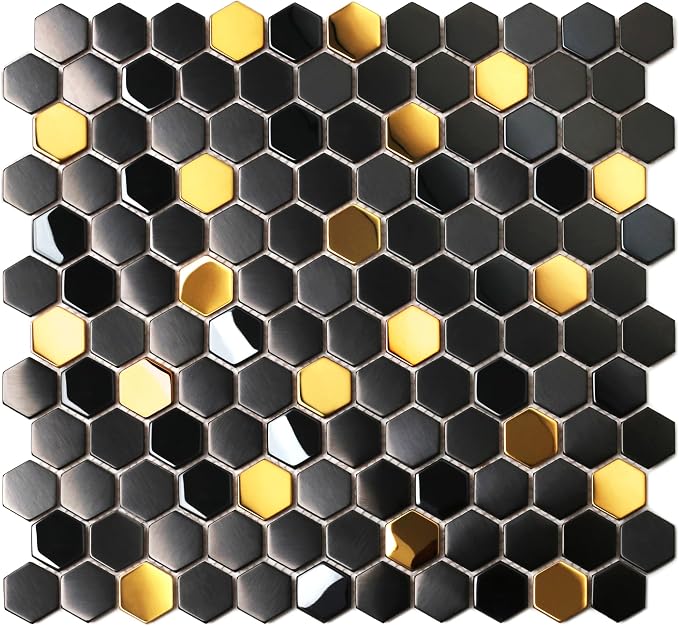 Blujellyfish Black and Gold Backsplash Wall Tiles Hexagon Mosaic Shower Floor by Blujellyfish