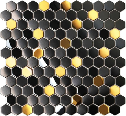 Blujellyfish Black and Gold Backsplash Wall Tiles Hexagon Mosaic Shower Floor by Blujellyfish
