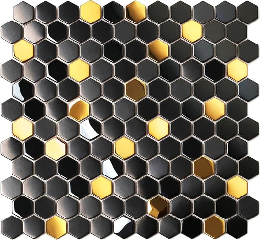 Blujellyfish Black and Gold Backsplash Wall Tiles Hexagon Mosaic Shower Floor by Blujellyfish