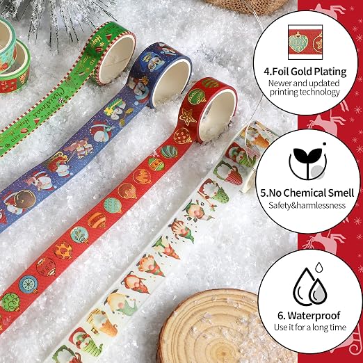 16 Rolls Christmas Washi Tape Holiday Masking Tape 4 Sizes Red Green Christmas - Image 3