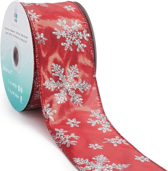 CT CRAFT LLC Red Metallic with Silver Glitter Snowflake Wired Ribbon 2.5 Inch x by CTCRAFTLLC