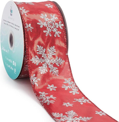 CT CRAFT LLC Red Metallic with Silver Glitter Snowflake Wired Ribbon 2.5 Inch x by CTCRAFTLLC