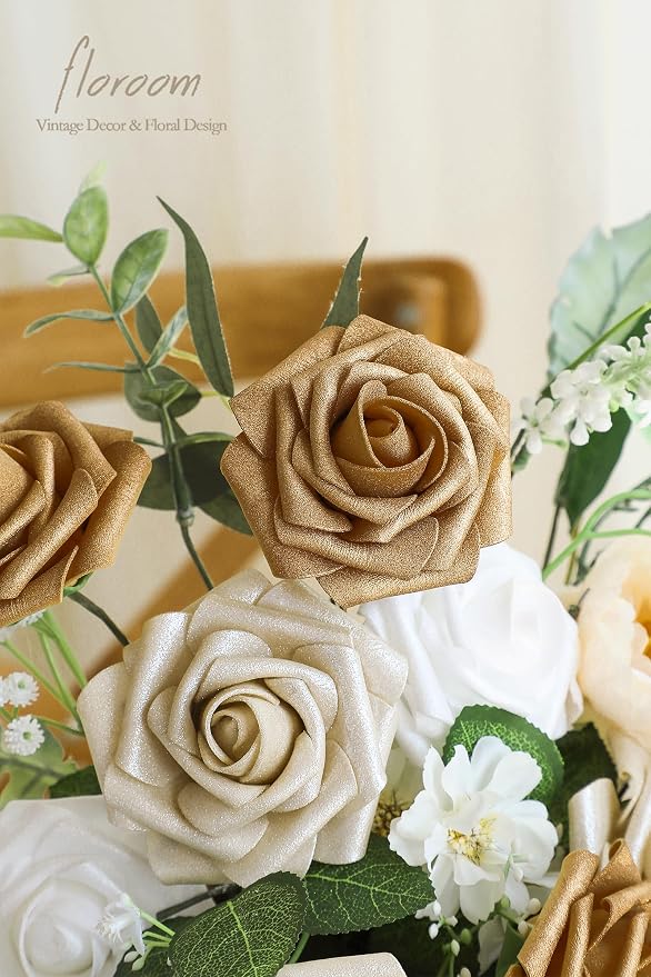 Floroom Artificial Flowers 25pcs Real Looking Gold & Champagne Gold Foam Fake - Image 3
