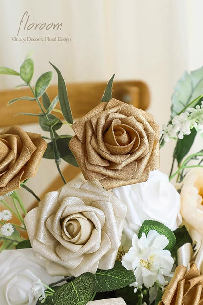 Floroom Artificial Flowers 25pcs Real Looking Gold & Champagne Gold Foam Fake - Image 3