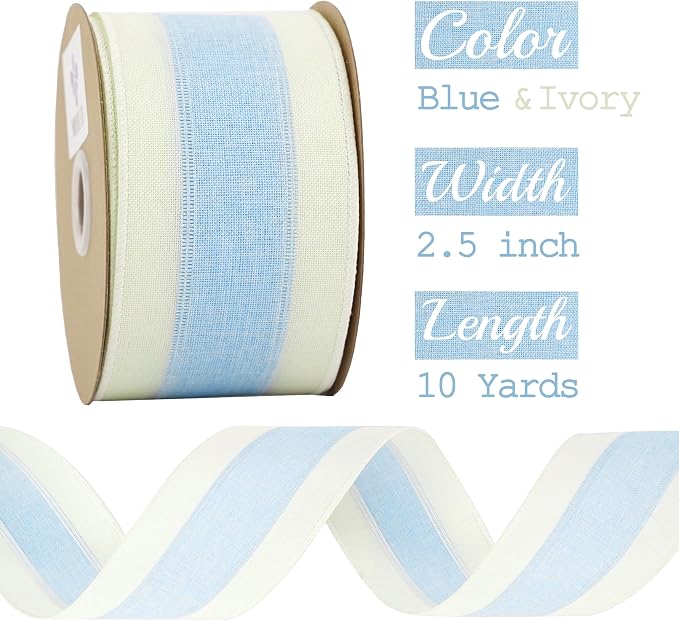 MEEDEE Blue and White Stripe Ribbon Wired Ribbon 2.5 Inch Light Blue Burlap - Image 2