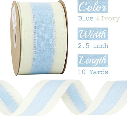 MEEDEE Blue and White Stripe Ribbon Wired Ribbon 2.5 Inch Light Blue Burlap - Image 2