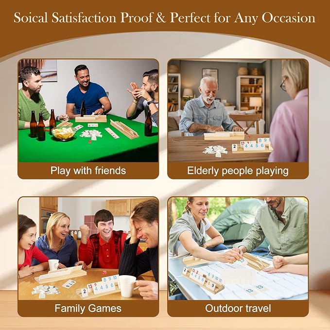2-8 Players Rummy Game Set, 214 Melamine Tiles, 8 Wooden Racks, Drawstring Bag - Image 5