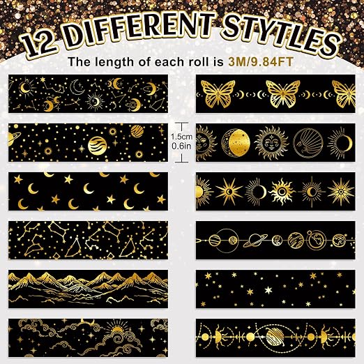 Whaline 12 Rolls Gold Foil Galaxy Washi Tape Black Gold Sun Moon Star Masking - Image 2