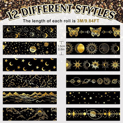 Whaline 12 Rolls Gold Foil Galaxy Washi Tape Black Gold Sun Moon Star Masking - Image 2