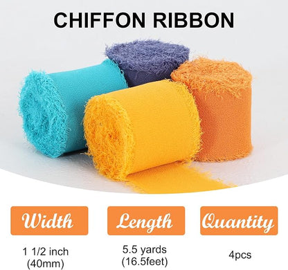 TONIFUL 4 Rolls Blue & Orange Chiffon Ribbon 1 1/2 inch× 5.5 Yards Ribbon - Image 2