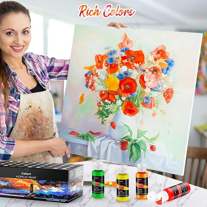 Caliart Acrylic Paint Set with 12 Brushes, 36 Colors Art Craft Paints Gifts - Image 3
