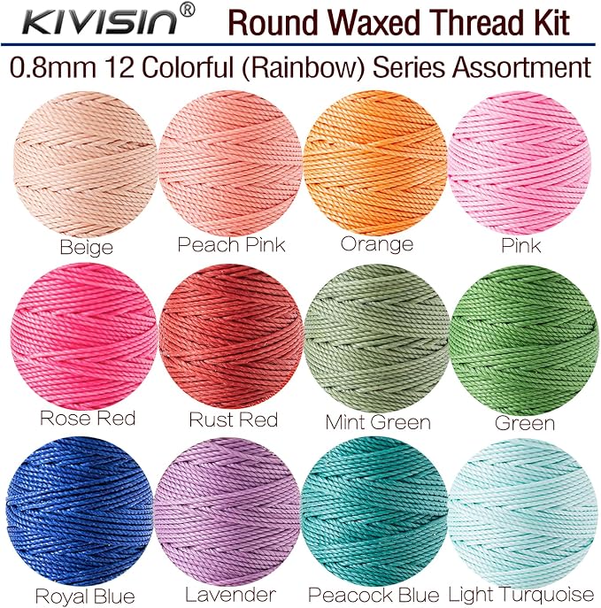 12 Colored Round Waxed Thread 0.8mm, 35 Yards per Spool, 3 Ply Polyester Wax - Image 2