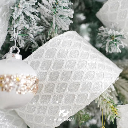 HUIHUANG White Glitter Wired Ribbon, 4 Inch x 30 Ft, Geometric Pattern - Image 4